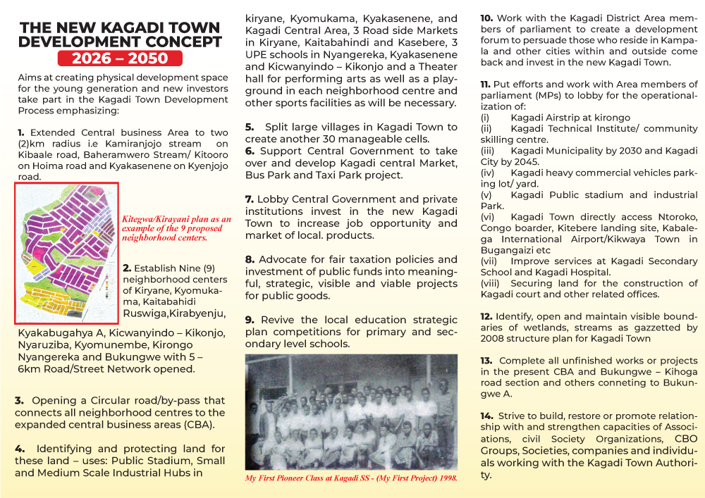 Vision document page detailing the New Kagadi Town Development Concept 2026–2050 commitments