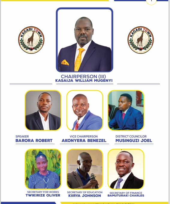 Official Kagadi Town Council leadership board showing the Chairperson (III), Speaker, Vice Chairperson, District Councillor and Secretaries